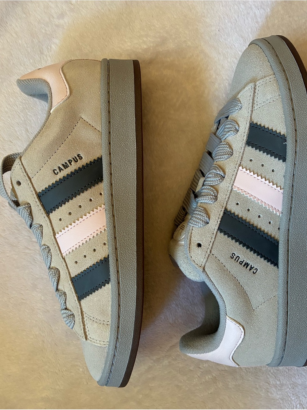 adidas Campus Women's Suede Sneakers in Taupe with Pink and Black Stripes
